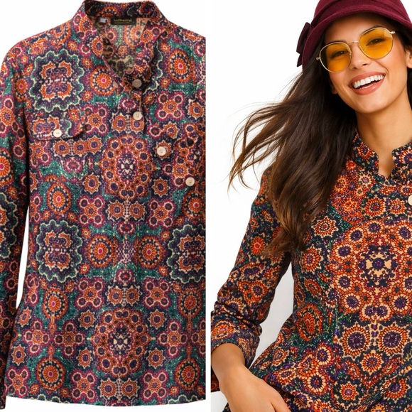 FBC Studio Tops - NWT Organic Cotton Boho Retro Floral Print Mandarin Collar Button Up Blouse Top